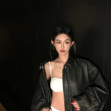 Spring Autumn Cool Handsome Retro Oversized Distressed Brown Soft Faux Leather Jackets for Women Zipper Runway Fashion