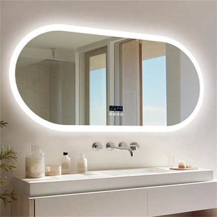 Large Bathroom Mirror Oval LED Vanity Mirror Wall Mounted w Bluetooth, Digital Display, Back Front Lit, Anti Fog for Hotel Hall