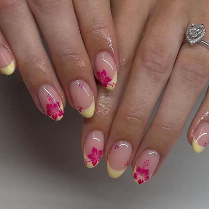 24Pcs Short Almond Press-On Nails Pink Floral French Tip Glossy&Elegant Full Cover