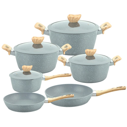 Set of gray cookware with wooden handles on a white background