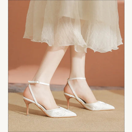Women Fashion Pumps Woman 7cm Flower Heels High Heel Shoes Buckle Strap Silk Shallow Pointed Toe Sandals Lady Wedding Shoe white