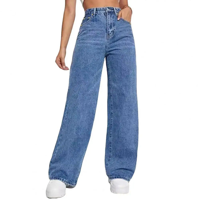 Waist Denim Pants For Women Stretchy Wide-Leg Jeans With Pockets Casual Straight Leg