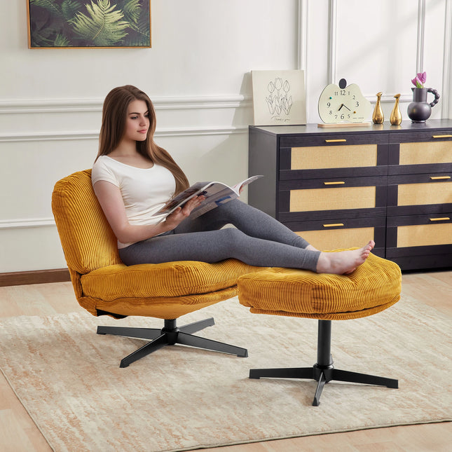 Redlife-Single Sofa with Ottoman, Swivel Chair, Corduroy Accent Chair, Tufted Upholstered, Lazy, Living Room, Bedroom, 360 °