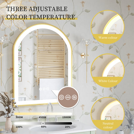 Gold Bathroom Mirror with Lights 36" LED Backlit Arch Wall Mirror Brushed Frame Touch Antifog 3 Colors Lights Adjust
