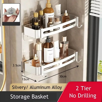 2pcs Bathroom Corner Shelf With Hook No Drill Space Aluminum Wall Mounted Shower Holder Shampoo