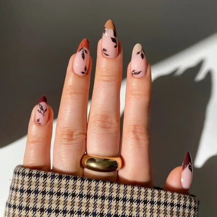 24Pcs Autumn Winter Matte Almond False Nails with Glue Rose