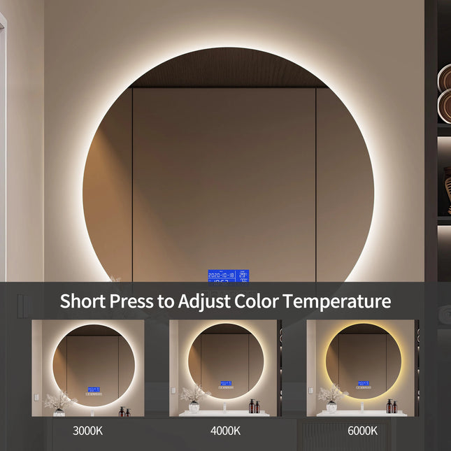 Multi Functional Circular Bathroom Mirror, Wall Mirror with Temperature Display, Defogging Function, and Brightness Adjustment