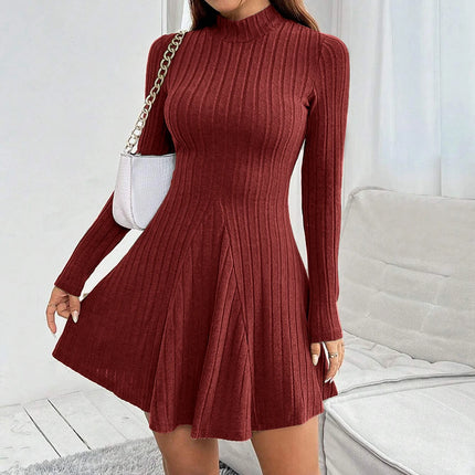 Mia Muse Women's Dresses Fall Winter Simple Solid Color Long Sleeve Mock Neck A Line High Waisted Flare Hem Casual Short Dresses
