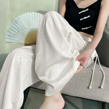 New Chinese Style Jacquard Wide Leg Satin Pants for Women Elegant Solid Office Lady Women's Casual Loose Pants Female