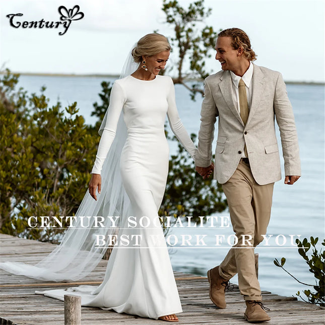 Backless Mermaid Wedding Dress Women 2024 Long Sleeve O-Neck Crepe Simple Bridal Gowns Vestidos de Novia Civil Customized