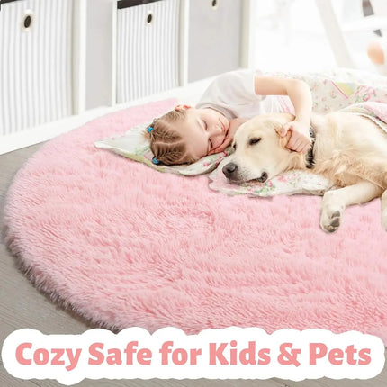 Pink Round Rug for Girls Bedroom,Fluffy Circle Area Rug for Kids Room,Furry Shaggy Carpet for Living Room