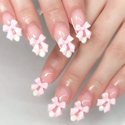 Blush Pink False Nails Bowknot Diamond Pearl 3D Design Press on Nail Tips