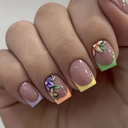 24Pcs Short Almond Press-On Nails Pink Floral French Tip Glossy&Elegant Full Cover