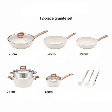 12-piece granite cookware set with various sizes and types on a white background