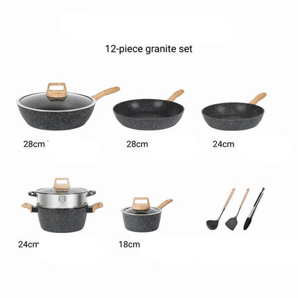 12-piece granite cookware set with various sizes and types on a white background