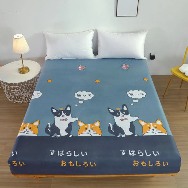 Kuup-Polyester 360° waterproof Cartoon Fitted Sheet Only(no pillowcase) Elastic Band Around Mattress Cover King Size Bed Cover