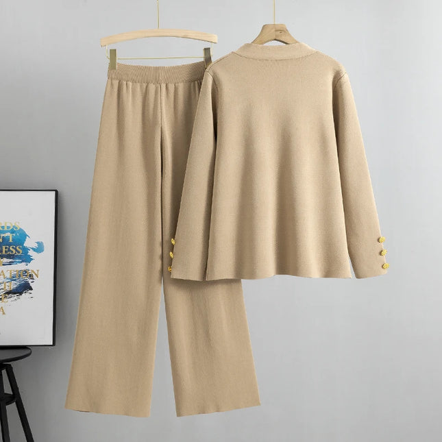 Spring 2025 Knitted Sets Fashion Long Sleeve V Neck  Cardigans+Wide Leg Pant Women OL Sweater Two Pieces Suit