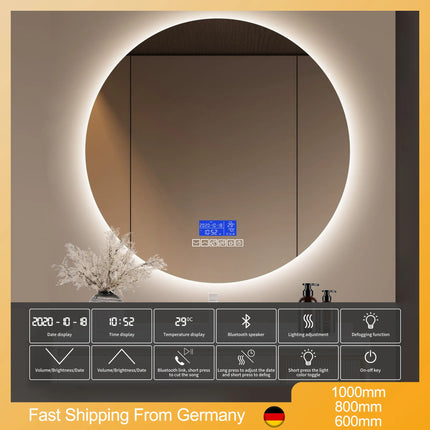 Multi Functional Circular Bathroom Mirror, Wall Mirror with Temperature Display, Defogging Function, and Brightness Adjustment