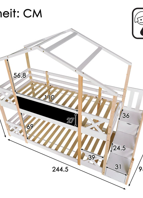 Children's House Bed with Corner Stairs and Fall Protection, Bunk Bed Frame with 3 Drawers 2 Children 90 x 200 cm