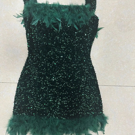 Spring And Summer Women's Clothing MINI Short Solid Color New Wind Sequins Halter Beach Dress One-word Shoulder Feathers Spice G