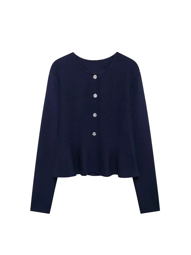 Women Fashion Chic Navy Plain Knit Set Female Fit Buttoned Cardigan Elastic Waist Skirt Ladies Casual Outfits