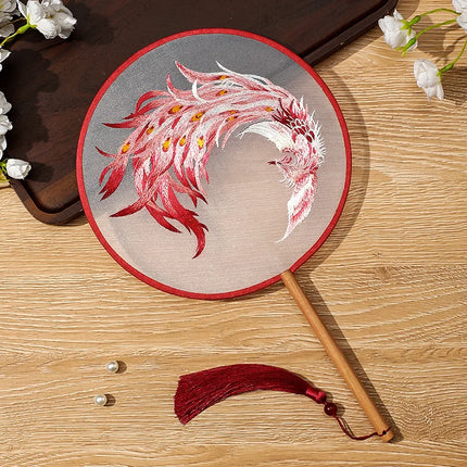 Embroidered Group Fan Ancient Style Fan Summer Long Handled Tassel Dance Hanfu Palace Fan Children's Cheongsam Round Fan