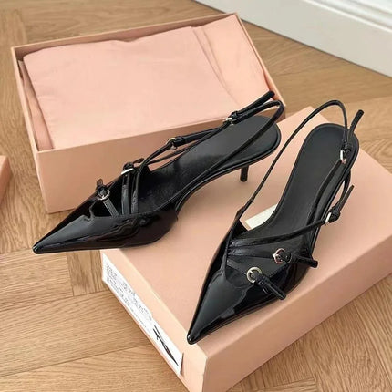 Black Silk Pointed One-line Buckle Skinny Heel Sandals, Women's Shoes