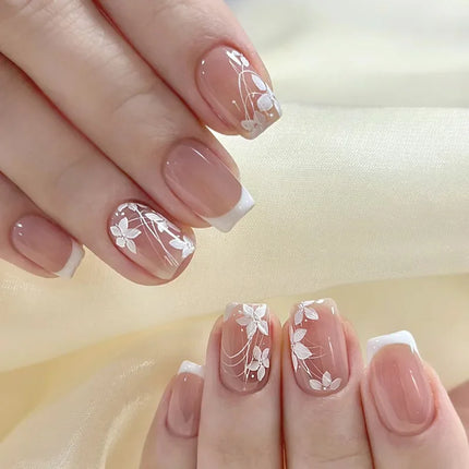 24Pcs Short Almond Press-On Nails Pink Floral French Tip Glossy&Elegant Full Cover
