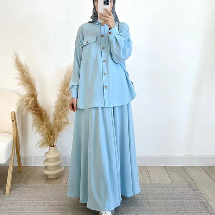 2-Piece Long Sleeve Shirt and Skirts Set for Women Elegant Abaya Dubai Turkey Islamic Casual Tops Monochromatic Skirt Fashion