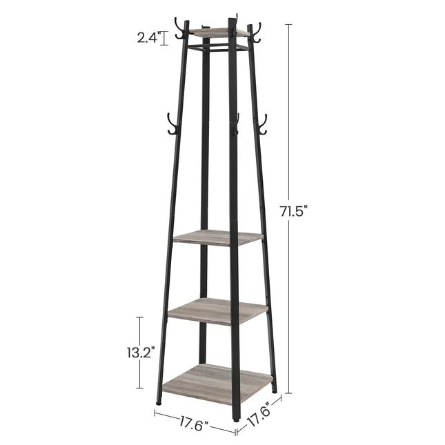 Coat Rack, Cloakroom, Clothes Rack with 3 Tier Shelf, Hooks and Rails, Steel Frame, Industrial Style