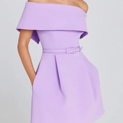 Slash Neck Off The Shoulder Solid Mini Dress, Women Spring Summer Patchwork Simple Party Dress, 2024 Short Sleeve Ladies Dress