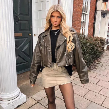 2024New Coal graysty le Women's washed leather jacket with belt, short coat with downgraded zipper and vintage lapel jacket