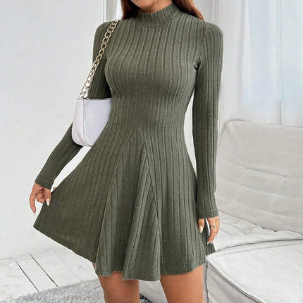Mia Muse Women's Dresses Fall Winter Simple Solid Color Long Sleeve Mock Neck A Line High Waisted Flare Hem Casual Short Dresses