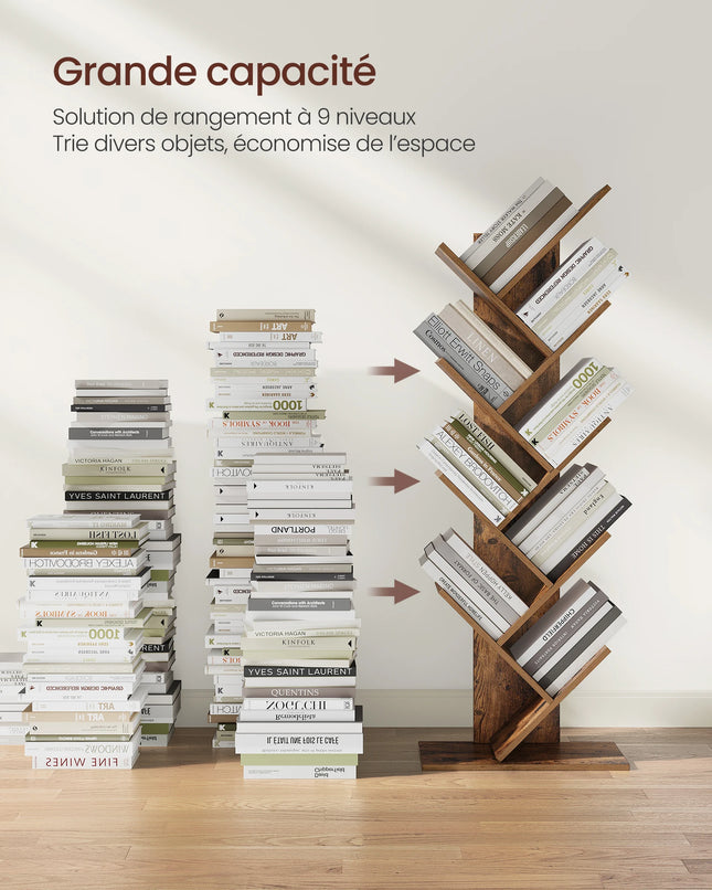 Tree Bookshelf, 9-Tier Floor Standing Bookcase, Space-Saving Corner Shelf, with Wooden Shelves for Bedroom, Living Room