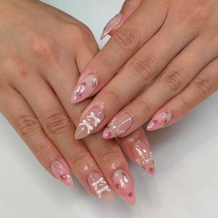 24PCS Wine Red Almond Press on Nails Cartoon Rabbit Bowknot