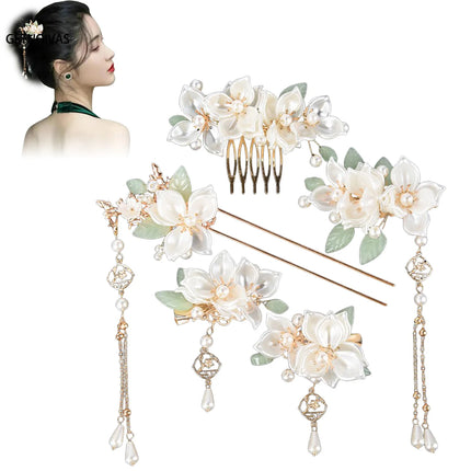 Chinese Hanfu Hair Accessories Set Long Tassel Vintage Hairpins Flower Handmade Hair Sticks For Women Traditional Retro Jewelry