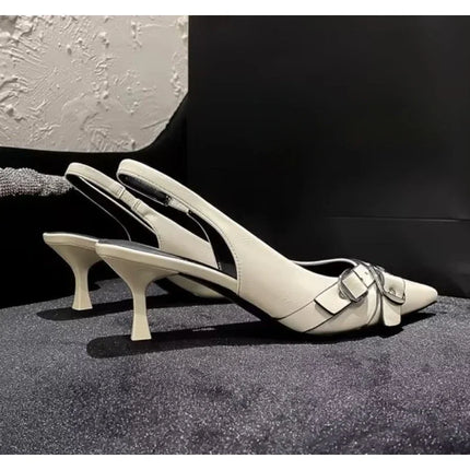Women Sandals Fashion Pointed Toe Buckle Strap Metal High Heeled Kitten Heel