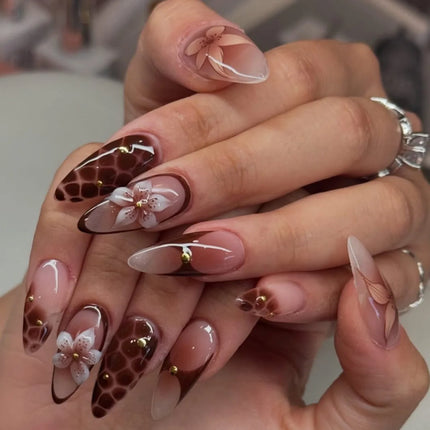 24pcs Leopard Print Almond Fake Press on Nails with Mini Flower Acrylic