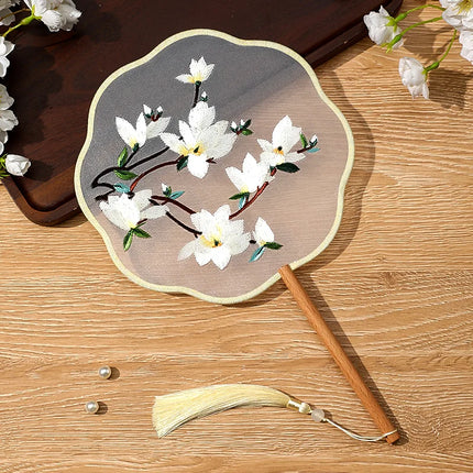 Embroidered Group Fan Ancient Style Fan Summer Long Handled Tassel Dance Hanfu Palace Fan Children's Cheongsam Round Fan