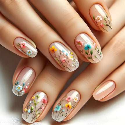 24pcs Short Square Press on Nails Jade Flower Sparkling