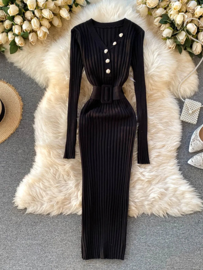 Autumn Winter V-neck Knitted Sweater Dress with Fashion Slim Elastic Ribbed Bodycon Dress Lady Vestidos