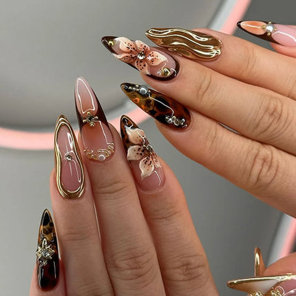 24Pcs Gold Ripple Brown Flowers False Nails with Rhinestones Pearl Design
