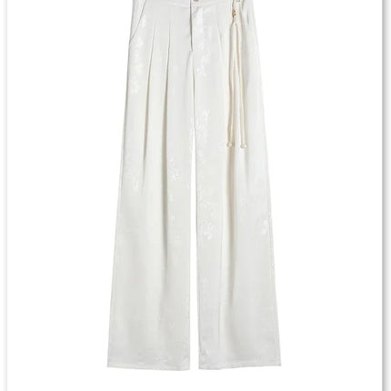 New Chinese Style Jacquard Wide Leg Satin Pants for Women Elegant Solid Office Lady Women's Casual Loose Pants Female