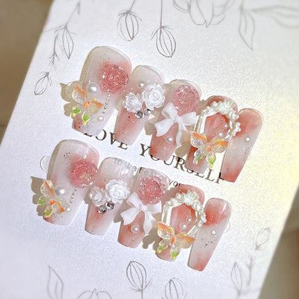Blush Pink False Nails Bowknot Diamond Pearl 3D Design Press on Nail Tips