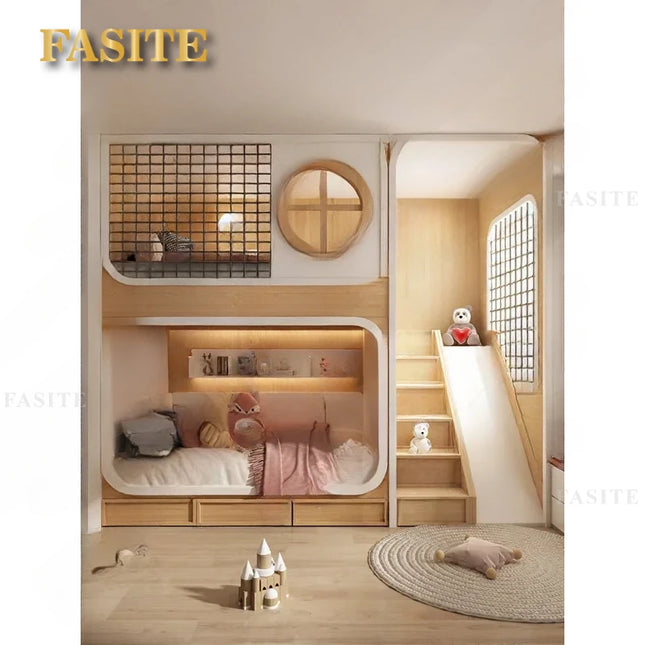Children's Room Whole House Custom Slide Tree House Upper and Lower Bunk Bunk Bed High Guardrail Sister and Brother Attic Bed