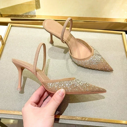 Luxury Designer Shiny Rhinestone Mesh Heeled Sandals Women Summer