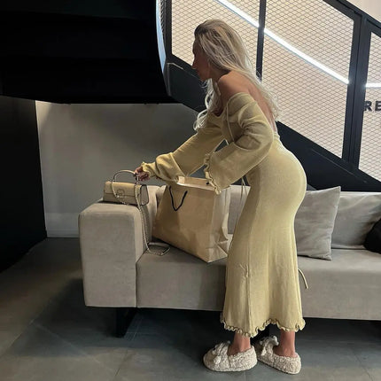 Cryptographic Elegant Knitted Sweater Maxi Dress Outfits for Women Flare Sleeve Sexy Backless Dresses Edible Tree Fungus Clothes