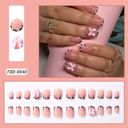 24Pcs Gold Ripple Brown Flowers False Nails with Rhinestones Pearl Design