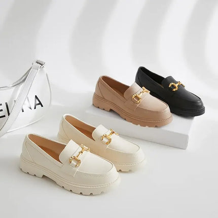Women's Retro British Style Flats Thick Bottom round Head PVC Slip-On Shoes Fashionable Spring Autumn