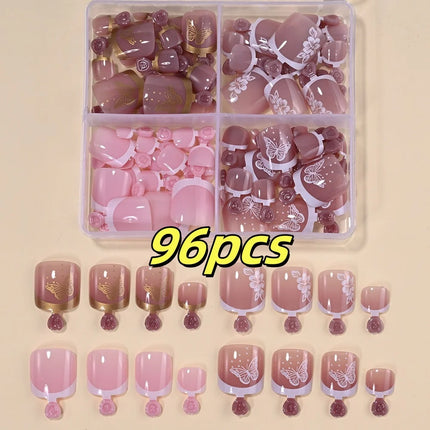 96Pcs-box Short Press On Toe Nails Red High Saturation Fake Toe Nails French